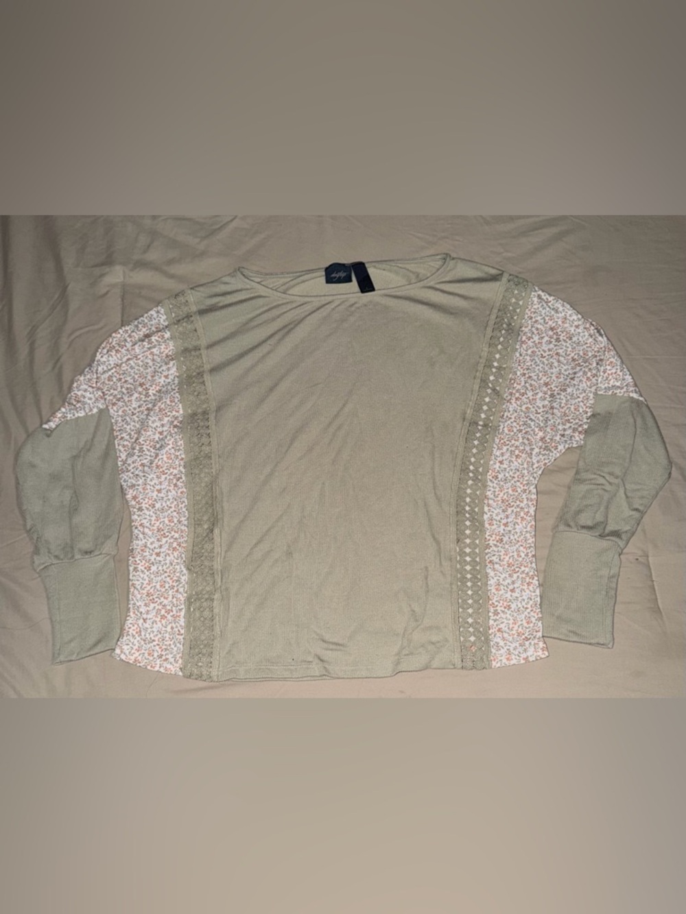 Daytrip Sage Green Knit Top with Floral Side Panels and Lace Trim